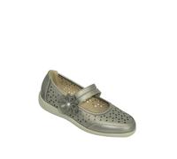 Amber Ladies Comfort Bar Shoe with Cutwork Detail, Touch Fasten Strap, Cushioned Insole & Flexisole Pewter 7