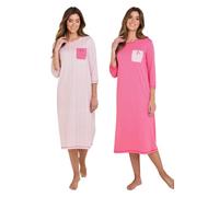 Amber Ladies Cotton 3/4 SleeveNightdresses Pack of 2 | Women's Soft Breathable Cotton Nightie Multipack, Approx. 44" inch length, Useful Pockets, Satin Bow Detailing