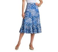 Amber Ladies Crinkle Tiered Patchwork Print Skirt - Lightweight Lined Pull-On Midi with Elasticated Waist - 29" Length Blue Print 16