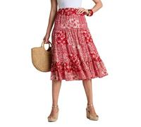 Amber Ladies Crinkle Tiered Patchwork Print Skirt - Lightweight Lined Pull-On Midi with Elasticated Waist - 29" Length Red Print 10