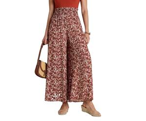 Amber Ladies Deep Shirred Waist Print Culottes - Skirt Look Wide Leg Trousers, 100% Viscose, Elasticated Waist, Sizes 10-20, 25" or 27" Leg Chestnut 18 Short