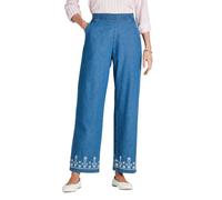 Amber Ladies Easy Pull-On Jean with Side Pockets & Embroidered Hem