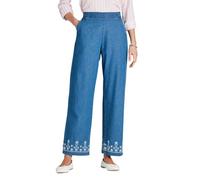 Amber Ladies Easy Pull-On Jean with Side Pockets & Embroidered Hem Stonewash 18 Short