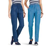 Amber Ladies Elasticated Waist Pull On Jeans (Pack of 2) 100% Cotton High Waisted Jeans for Women with Adjustable Drawstring Stonewash & Light Stonewash 14 Short