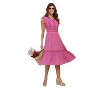 Amber Ladies Embroidered Bodice Tiered Dress V Neck Lace Trim Fluted Sleeves Lined Viscose Cotton Fit Sizes 12-20 Raspberry