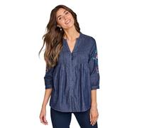 Amber Ladies Embroidered Sleeve Pintuck Denim Shirt - Lightweight 100% Cotton Blouse with ¾ Sleeves Indigo 14