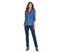 Amber Ladies Embroidered Sleeve Pintuck Denim Shirt - Lightweight 100% Cotton Blouse with ¾ Sleeves Light Stonewash 14
