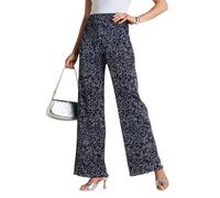Amber Ladies Floral Plissé Trousers with Elasticated Waist, Lightweight Easy Care Pull-On Style Pants Navy 12 Short