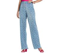 Amber Ladies Floral Plissé Trousers with Elasticated Waist, Lightweight Easy Care Pull-On Style Pants Dusky Blue 16 Short