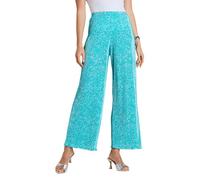 Amber Ladies Floral Plissé Trousers with Elasticated Waist, Lightweight Easy Care Pull-On Style Pants Turquoise 14 Extra Short