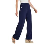 Amber Ladies Gold Button Textured Crepe Trousers, Pull-On Wide Leg Stretch Trousers with Elasticated Waist & Gold Detail, 25"/27" Leg Navy 20 Short