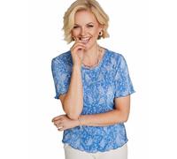 Amber Ladies Printed Plissé Top Crinkle Easy Care Fabric with Fluted Sleeves Blue 22