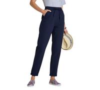 Amber Ladies Pull-On Seersucker Trousers, Lightweight Cotton Crinkle Fabric with Elasticated Waist & Pockets, Summer Casual Fit, Sea Green or Navy, Inside Leg 25"/27"
