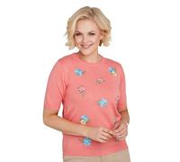 Amber Ladies Short Sleeve Embroidered Jumper with Floral Pattern - Lightweight Fine Knit Summer Sweater Coral 16-18