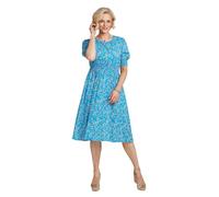 Amber Ladies Smock Cuff & Waist Viscose Floral Dress, Lightweight 43" Midi with Elastication, Cuffed Sleeves, Pockets & Back Neck Loop, Sizes 12-24 Aqua 14