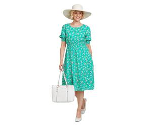 Amber Ladies Smock Cuff & Waist Viscose Floral Dress, Lightweight 43" Midi with Elastication, Cuffed Sleeves, Pockets & Back Neck Loop, Sizes 12-64 Green 22