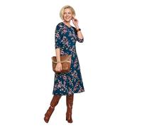 Amber Ladies Soft Brushed Fabric Jersey Print Dress Fit and Flare 3/4 Sleeve Scoop Neck Dress Teal 16