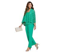 Amber Ladies Three Piece Lace Trim Trouser Set, Elegant Lace Jacket, V-Neck Sleeveless Top & Stretch Jersey Trousers Suit, Luxury Women’s Outfit Green 14