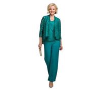 Amber Ladies Three Piece Lace Trim Trouser Set, Elegant Lace Jacket, V-Neck Sleeveless Top & Stretch Jersey Trousers Suit, Luxury Women’s Outfit Emerald 22