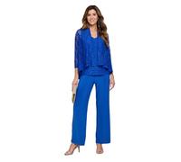 Amber Ladies Three Piece Lace Trim Trouser Set, Elegant Lace Jacket, V-Neck Sleeveless Top & Stretch Jersey Trousers Suit, Luxury Women’s Outfit Cobalt 18