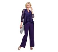 Amber Ladies Three Piece Lace Trim Trouser Set, Elegant Lace Jacket, V-Neck Sleeveless Top & Stretch Jersey Trousers Suit, Luxury Women’s Outfit Purple 20