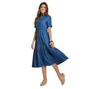 Amber Ladies Tiered Denim Dress, Lightweight Short Sleeve Cotton with Elasticated Waist, Button Front, Collar & Pockets, 44" Length Stonewash 18