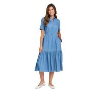 Amber Ladies Tiered Denim Dress, Lightweight Short Sleeve Cotton with Elasticated Waist, Button Front, Collar & Pockets, 44" Length Light Stonewash 12