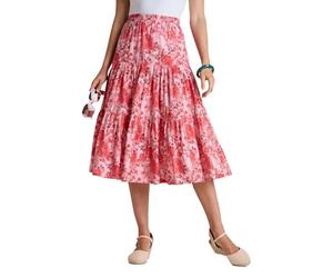 Amber Ladies Tiered Print Cotton Skirt with Elasticated Waist Lightweight Summer Midi Skirt for Women (Sizes 10-20) Rose 18