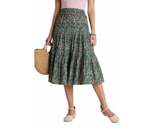Amber Ladies Tiered Print Cotton Skirt with Elasticated Waist Lightweight Summer Midi Skirt for Women (Sizes 10-20) Khaki 14