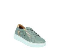 Amber Ladies Wide EE Fit Leather Trainer with Metallic Trim, Side Zip & Cushioned Ankle Light Khaki