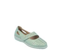 Amber Ladies Wide Fit Comfort Bar Shoe with Touch Fasten Instep Strap, Cushioned Insole, Cutwork Detail and Metallic Infill Sage 6