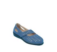Amber Ladies Wide Fit Comfort Bar Shoe with Touch Fasten Instep Strap, Cushioned Insole, Cutwork Detail and Metallic Infill Navy 7