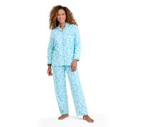 Amber Ladies Winceyette Pyjama Set Soft Brushed Cotton Leaf & Butterfly Print Collar & Rever Styling Elasticated Waist Bottoms 100% Cotton Aqua 12-14