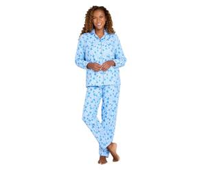 Amber Ladies Winceyette Pyjama Set Soft Brushed Cotton Leaf & Butterfly Print Collar & Rever Styling Elasticated Waist Bottoms 100% Cotton Blue 20-22
