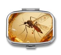 Amber Mosquito Pill Box - 2 Compartment Travel Pill Organizer with Small Mirror, Portable Pillcase for Pocket & Purse, Cute Square Medicine Case, Weekly Medicine Container
