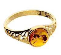 Amber Ring, Yellow Gold, Swirl Cut-Out, 925 Sterling Silver, 24k Gold Finish, Cognac Amber, Sizes M-R (M)