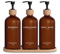 Amber Shampoo and Conditioner Dispenser Set by Brighter Barns - Refillable Plastic Shower Dispenser for Bathroom - Body Wash and Shampoo Bottles with Tray - Boho Decor for Airbnb, Hotel, Gift (Amber)