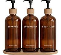 Amber Shampoo and Conditioner Dispenser Set by Brighter Barns - Refillable Plastic Shower Dispenser for Bathroom - Body Wash and Shampoo Bottles with Tray - Boho Decor for Airbnb, Hotel, Gift (Amber)