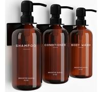 Amber Shampoo and Conditioner Dispenser Set Wall Mounted by Brighter Barns - Plastic Shower Dispenser Set - 3 Chamber Drill Free Shampoo Bottles - Modern Bathroom Decor for Guest Bathroom, Spa (Amber)