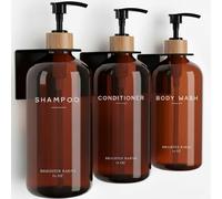 Amber Shampoo and Conditioner Dispenser Set Wall Mounted by Brighter Barns - Refillable Shampoo Dispenser for Shower Wall 3 Chamber No Drill - Plastic Shower Bottles for Guest Bathroom, Hotel (Amber)