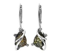 Amber Sterling Silver Earrings - Butterfly Back Art Deco Green Amber Fancy Dangly Drop Earrings for Women - 925 Sterling Silver. 070321