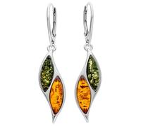 Amber Sterling Silver Earrings - Unusual Mixed Orange Yellow & Green Amber Fancy Dangly Drop. 070029