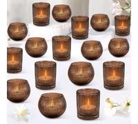 Amber Tea Light Candle Holders for Wedding Table Centerpieces, 30 Pcs Ribbed Glass Tealight Holders for Home Decor, Vintage Votive Holders for Thanksgiving & Christmas