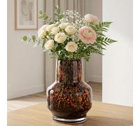Amber Tortoise Shell Glass Vase - Modern Brown Speckled Decorative Flower Vase for Table, Shelf, or Entryway (Tortoise Shell Brown-A)