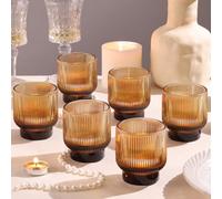 Amber Votive Candle Holders Set of 6-2.55" x 3" Gradient Fall Tea Light Holders with Stylish Ribbed Design, Large Glass Votive Holders for Boho Wedding Centerpieces, Thanksgiving, Vintage Party Decor
