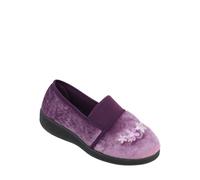 Amber Ladies Embroidered Velour Wide EEE Fit Slippers with Elastic Gusset & Sturdy Sole Purple 6
