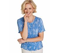 Amber Ladies Printed Plissé Top Crinkle Easy Care Fabric with Fluted Sleeves Blue 18