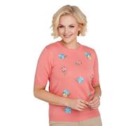 Amber Ladies Short Sleeve Embroidered Jumper with Floral Pattern - Lightweight Fine Knit Summer Sweater Coral 12-14