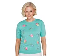 Amber Ladies Short Sleeve Embroidered Jumper with Floral Pattern - Lightweight Fine Knit Summer Sweater Turquoise 10