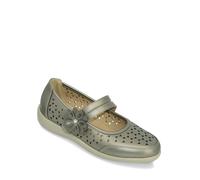 Amber Ladies Wide Fit Comfort Bar Shoes Supportive Touch-Fasten Strap Stylish Cutwork Detail Pewter 4
